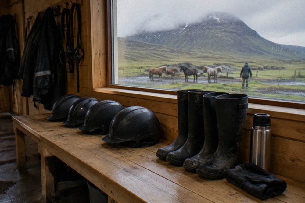 A row of clean riding helmets and rubber boots set out on a bench at a stable