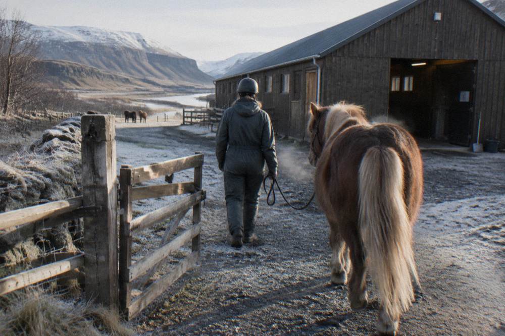 A rider wearing a helmet and borrowed rain overall walking an Icelandic horse back toward a stable building