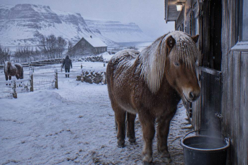 An Icelandic horse in a thick winter coat standing beside a wooden stable in falling snow