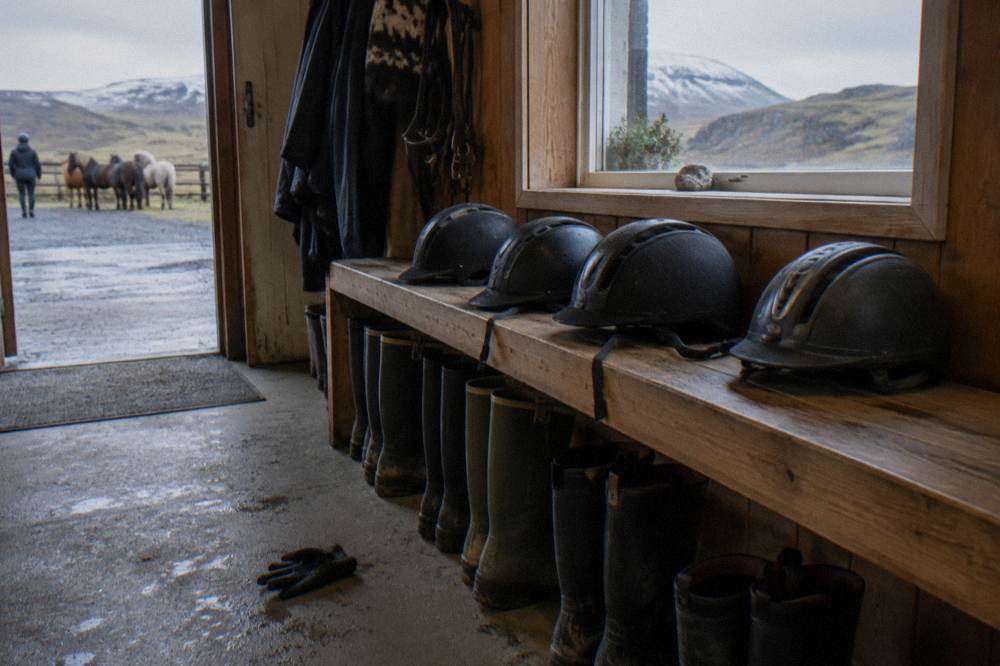 A row of helmets and rubber boots laid out on a bench inside a stable tack room before a tour