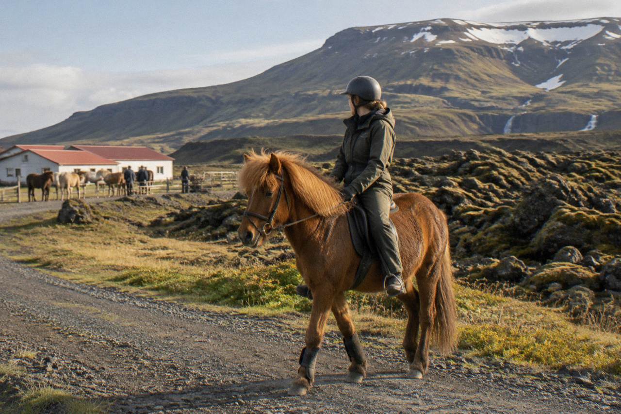 A rider in a helmet and warm overall sitting calmly on a chestnut Icelandic horse on a gravel path beside a lava field