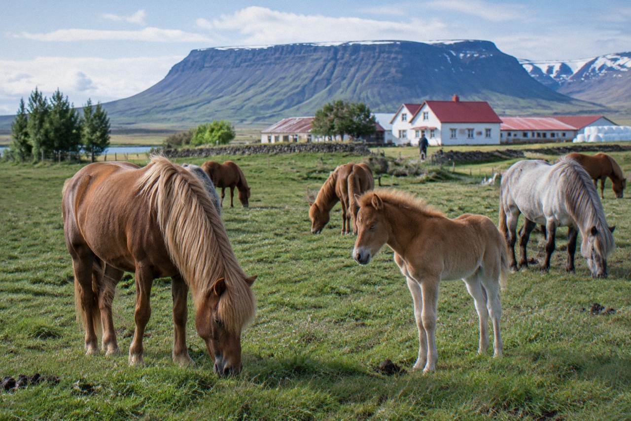 A herd of chestnut and grey Icelandic horses grazing on green pasture below a flat mountain
