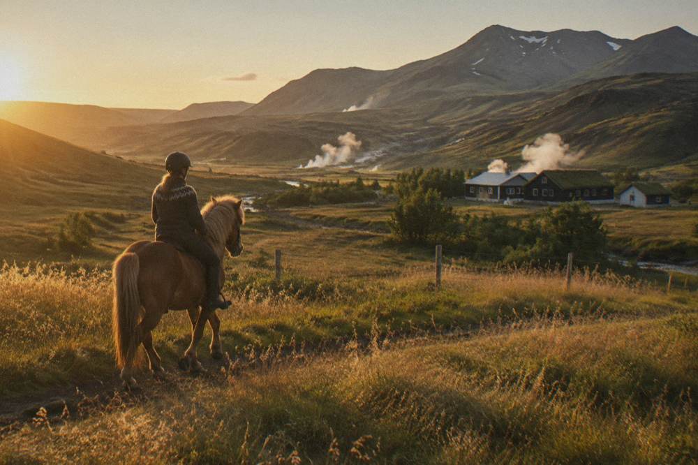 A rider on an Icelandic horse crossing open countryside with mountains in the distance.