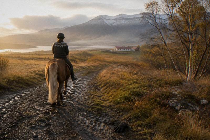 Tight frame of a single rider from behind on an Icelandic horse crossing golden autumn moorland in east Iceland, low slanting sun through mist, birch scrub at the field edge, a discarded glove on the muddy track.
