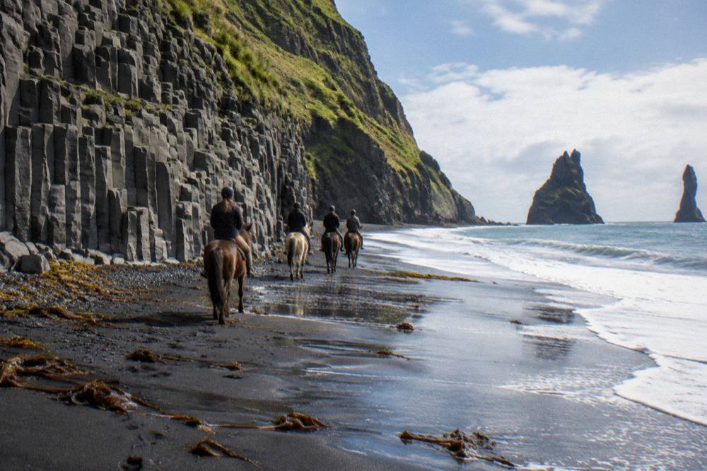 Wide black sand beach with basalt columns and cliffs along Iceland's south coast