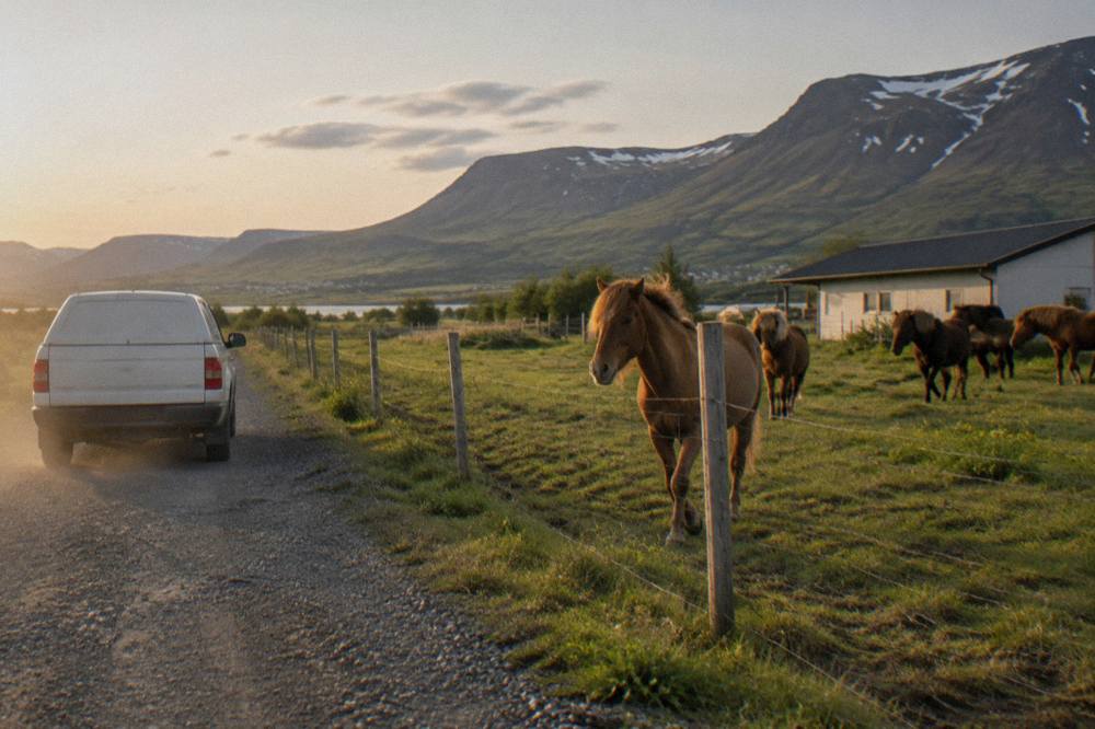 A pickup van parked on a gravel road beside a paddock of Icelandic horses