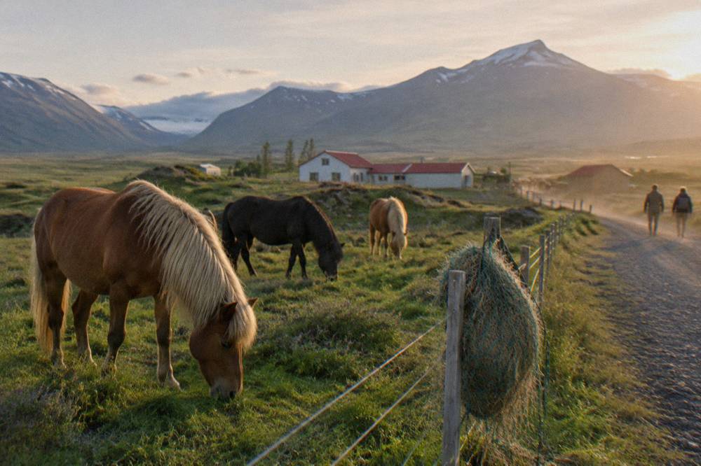 Icelandic horses grazing near a gravel trail with mountains in the distance