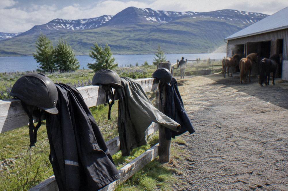 Riding helmets and rain jackets arranged on a fence rail at a stable