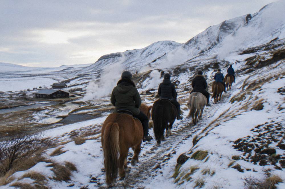 A line of Icelandic horses with riders moving through a winter landscape near Hveragerdi