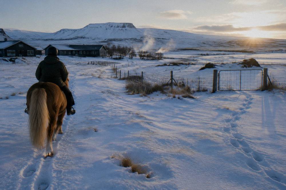 A rider and Icelandic horse on a snowy trail with low afternoon sun