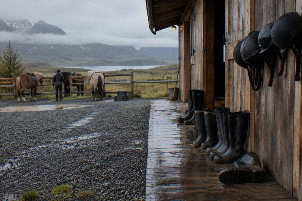 Rubber boots and helmets lined up on a bench outside a wooden stable building
