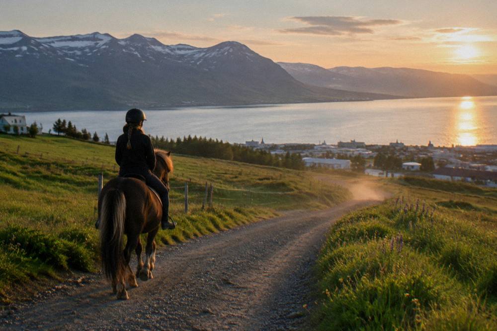 A teenager riding an Icelandic horse along a gravel track between green fields