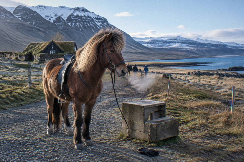 An Icelandic horse standing on a valley track with mountains behind