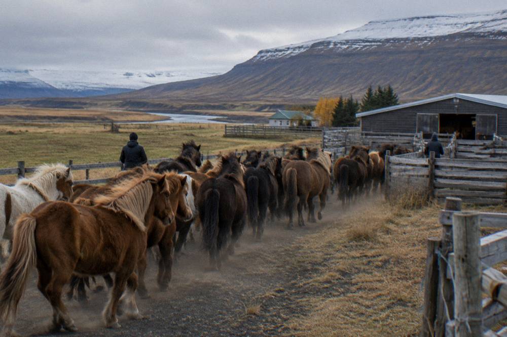 A herd of Icelandic horses moving across open autumn farmland