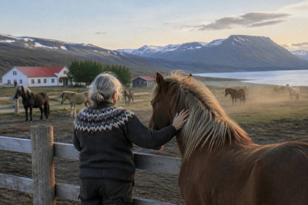 An older rider smiling beside a calm Icelandic horse at a stable fence after a ride