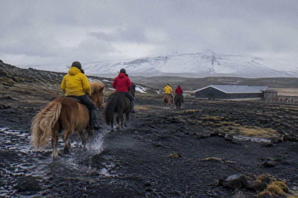 Riders in bright rain gear crossing a black lava plain on Icelandic horses