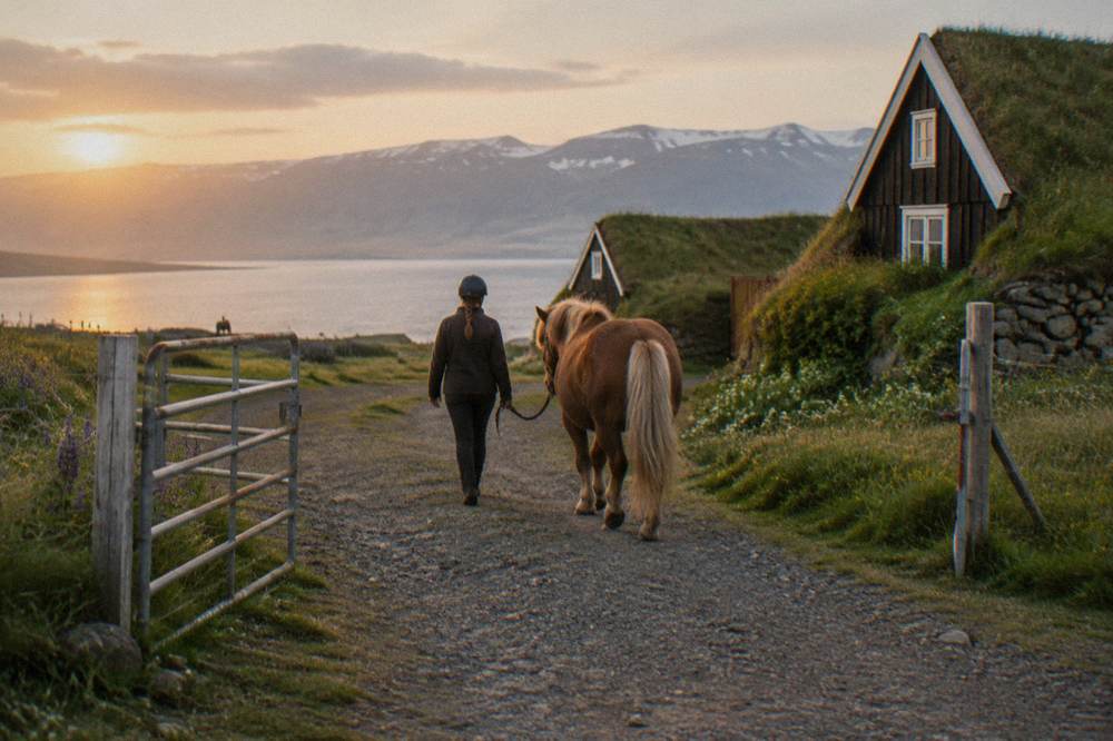A rider leading an Icelandic horse along a gravel path beside a northern Icelandic farm