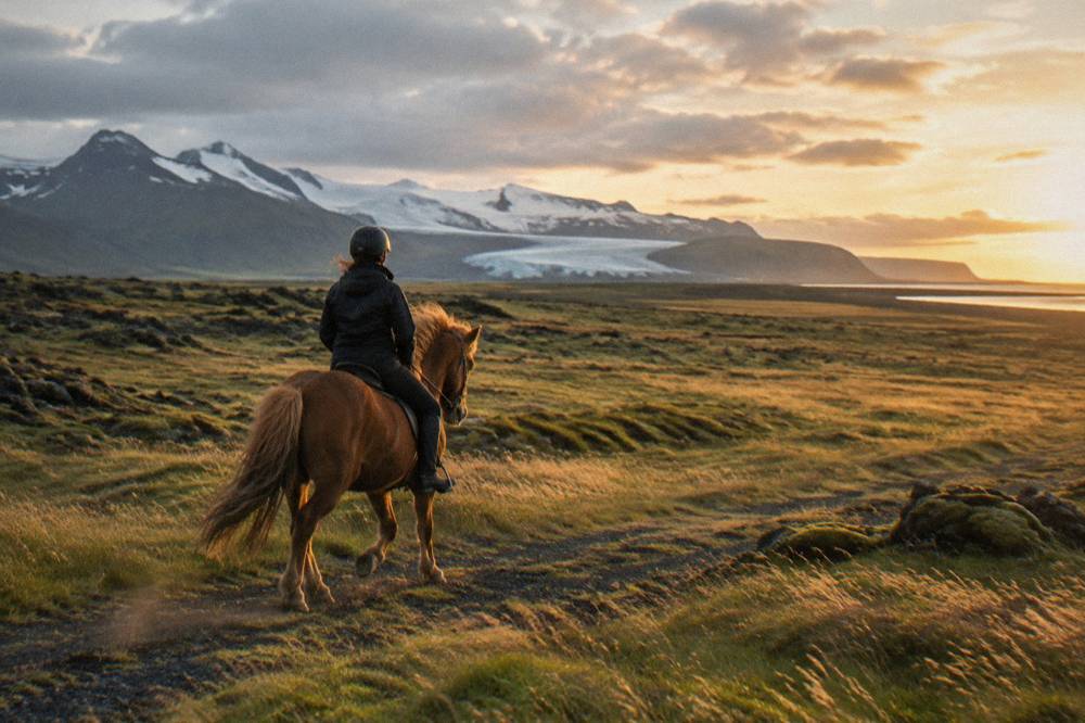 A rider in a dark rain jacket on a chestnut Icelandic horse crossing a flat volcanic plain