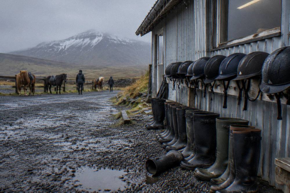 A row of rubber boots and riding helmets lined up outside a stable building