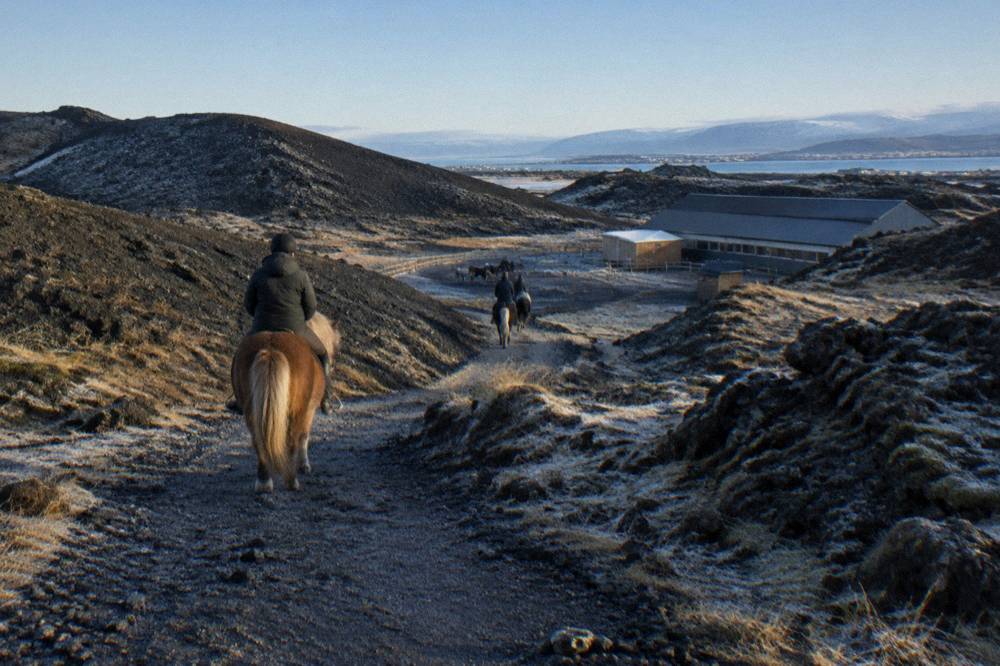 A gravel lava field trail winding between low volcanic hills