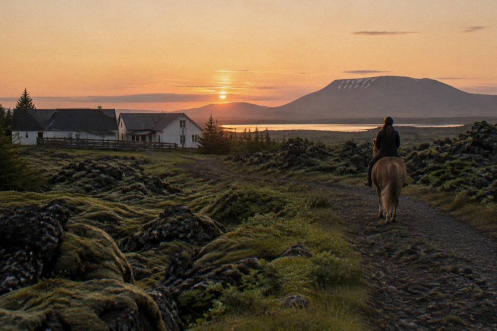A lava field trail in low evening light with distant volcanic hills