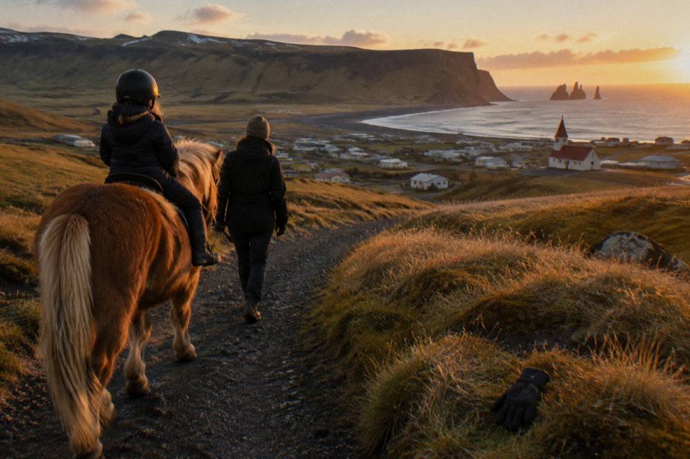 A child wearing a helmet seated on an Icelandic horse led along a quiet evening trail