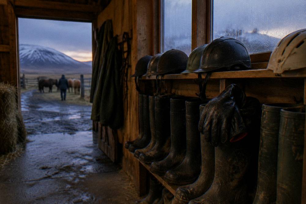 Rubber boots and helmets lined up on a rack inside a warm stable barn