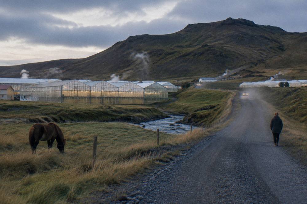 A country road leading toward a small town with greenhouses at the foot of hills