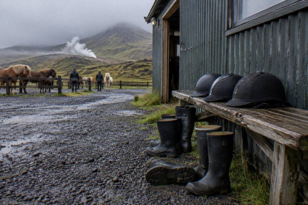 Rubber boots and helmets arranged on a bench outside a stable building