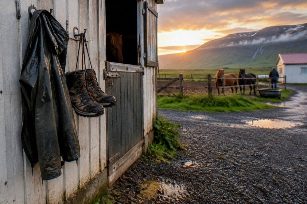 Muddy hiking boots and rain jacket drying on hooks by a stable door